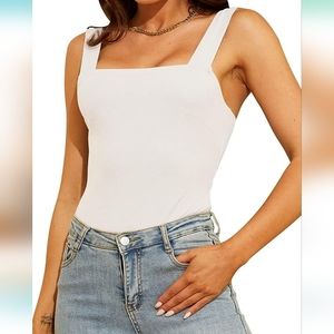 Women's Square Neck Backless BodySuit Sleeveless Casual Tank Tops - White